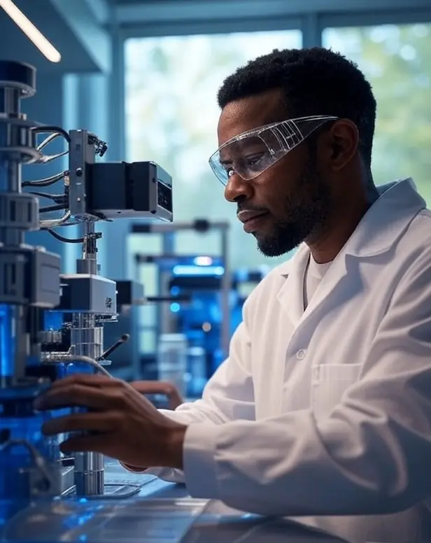 Scientist working at a microscope in a laboratory